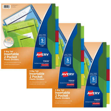 Avery Dividers for 3 Ring Binders, 5-Tab Binder Dividers, Two-Pocket Plastic Binder Dividers, Insertable Big Tabs, Multicolor, 3 Sets (71906)
